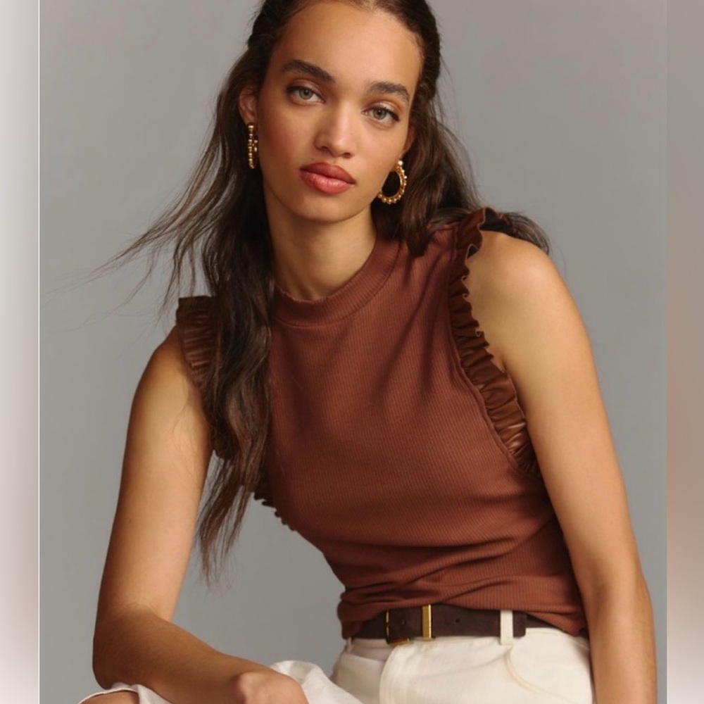 Sunday in Brooklyn Ribbed Tank with Vegan Leather Ruffle Trim - Brown